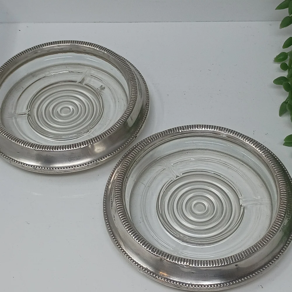 Fisher Sterling Silver Glass Coaster Set with Beaded Edge